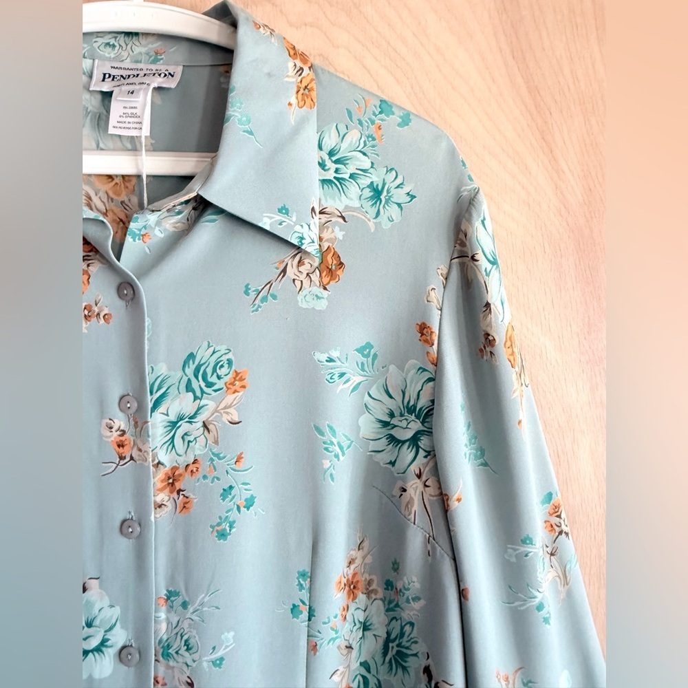 NWT Pendleton Silk Stretch Blouse Teal Gold Floral Button Front Women's Size 14